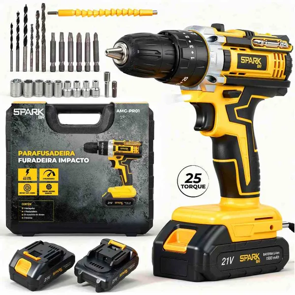 Parafusadeira Furadeira Sem Fio 21V 2 Baterias Bivolt Profissional Maleta Kit 26 Acessórios SparkBr