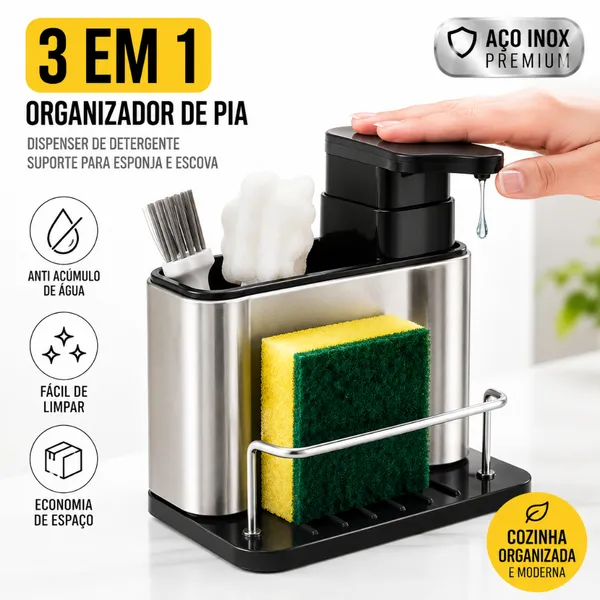 Organizador de Pia 3 em 1 em Aço Inox com Dispensador de Detergente e Suporte para Esponja