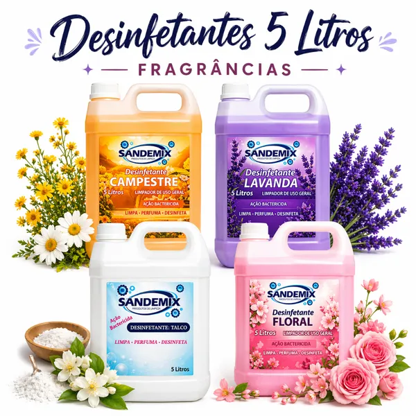 Desinfetante 5 Litros Bactericida Limpeza Profunda Perfume Duradouro Uso Geral Alto Rendimento