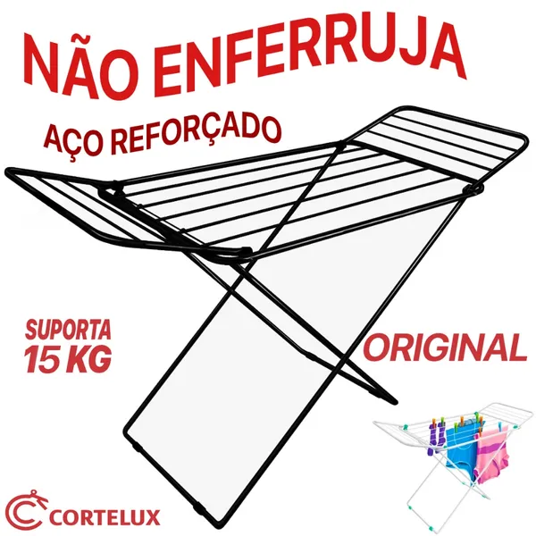VARAL DE CHÃO REFORÇADO AÇO NÃO ENFERRUJA COM ABAS 13KG DOBRÁVEL RETRÁTIL MIAMI BRANCO AZUL PRETO