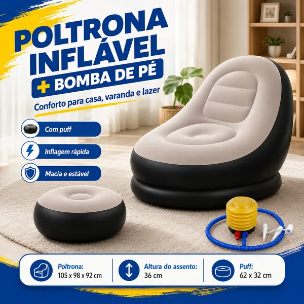 Sofá Inflável Portátil 3 em 1 com Bomba de Ar Poltrona Cama Dobrável Para Camping Praia e Casa