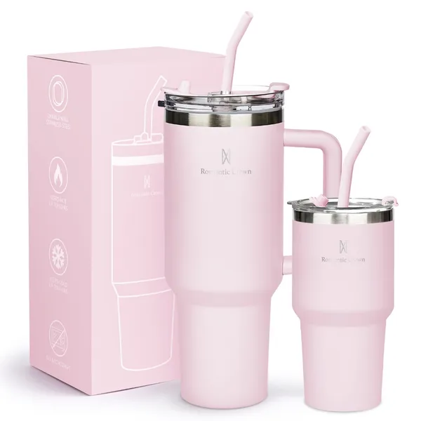 ROMANTIC CROWN Kit 2 Copo Térmico Inox Portátil 1200ml/600ml Garrafa Térmica Inoxidável com Tampa e Canudo