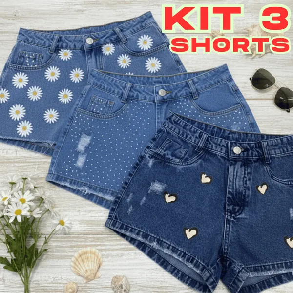 Kit 3 Shorts Jeans Feminino Cintura Alta Estampado Fashion