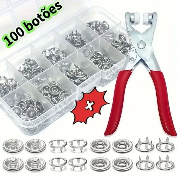 Alicate Aplicador Com 100 Botões De Metal De Pressão Para Roupa