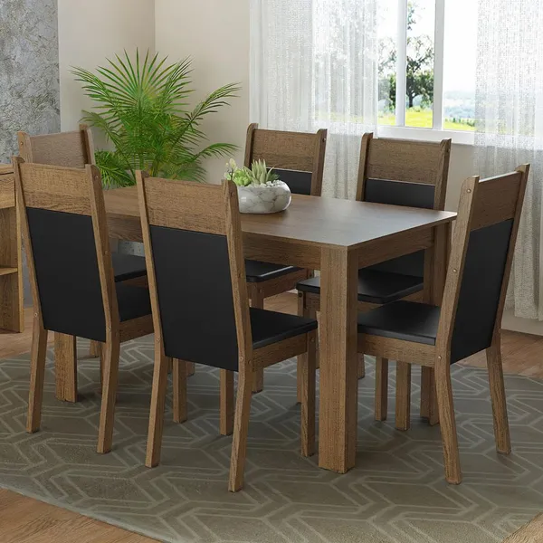 Conjunto Sala de Jantar ​Bahamas Madesa Mesa Tampo de Madeira 6 Cadeiras - Rustic/Preto