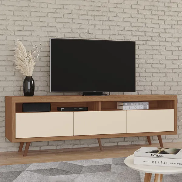 Rack ​Vanessa 100% MDF 3 Portas Basculantes Pés Retrô para TV até 55"