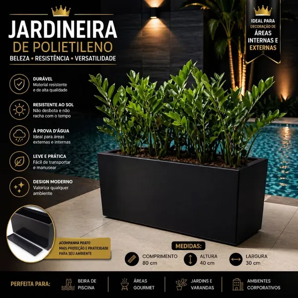 Vaso Jardineira Grande em Polietileno com Prato Invisível Floreira Decorativa para Plantas e Flores