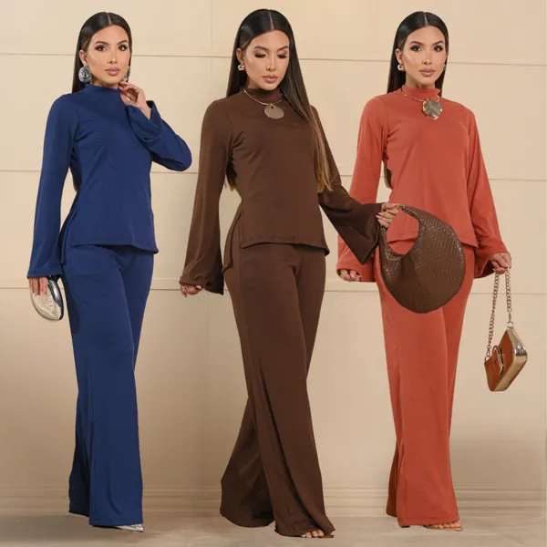 Conjunto feminino blusa gola alta manga longa flare