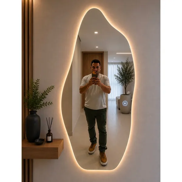 Espelho Orgânico 120x50cm Lapidado com Suporte ou Led Touch Grande, Moderno, Decorativo e Ideal p/ Banheiro ou Quarto
