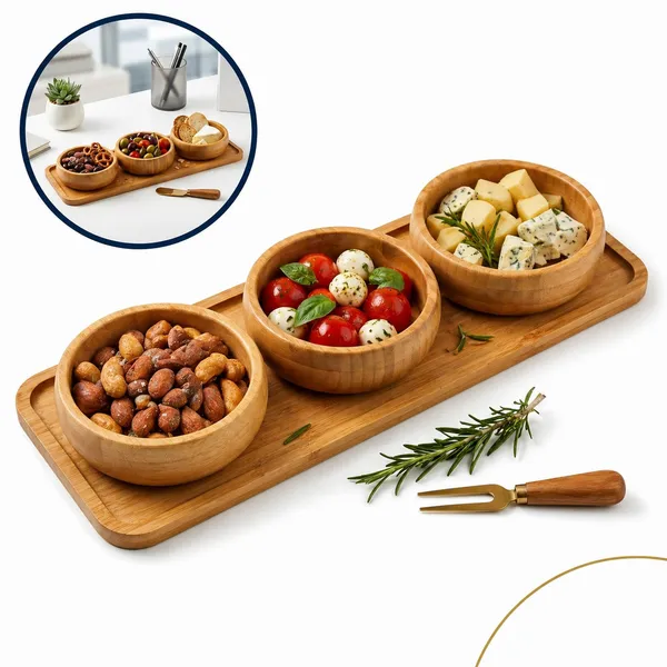 PETISQUEIRA BAMBU 3 POTES BANDEJA SERVIR APERITIVOS MODERNA