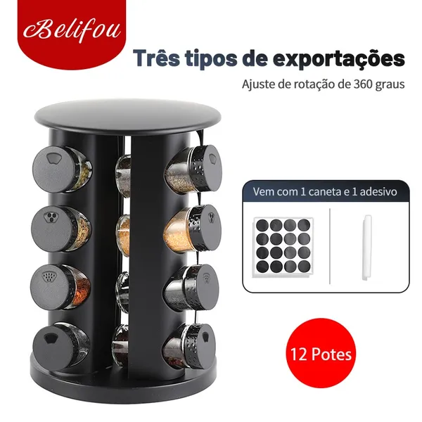 Belifou Porta Condimentos Giratório Tempero com 12 potes de Vidro 90G