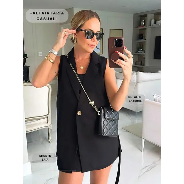 Conjunto Alfaiataria Colete Alongado decote lateral