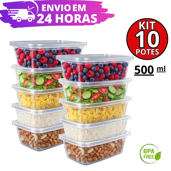 KIT 10 POTES 500 ML REFORçADO TRANSPARENTES  BPA FREE ORGANIZADOR DE ALIMENTOS MARMITAS