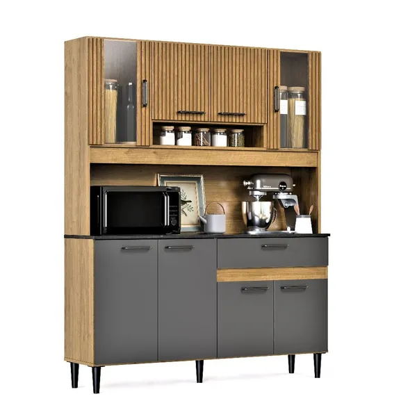 ARMÁRIO DE COZINHA CORAL 120CM COM BALCÃO RIPADO DE 8 PORTAS E GAVETA CONJUNTO COM VIDRO KIT