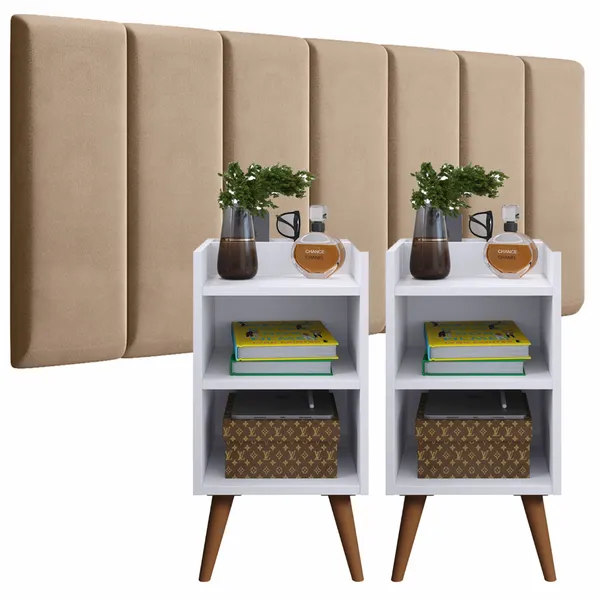 Cabeceira Modulada Estofada Suede + Kit 2 Mesas de Cabeceira Retrô Max – Solteiro, Casal, Queen e King