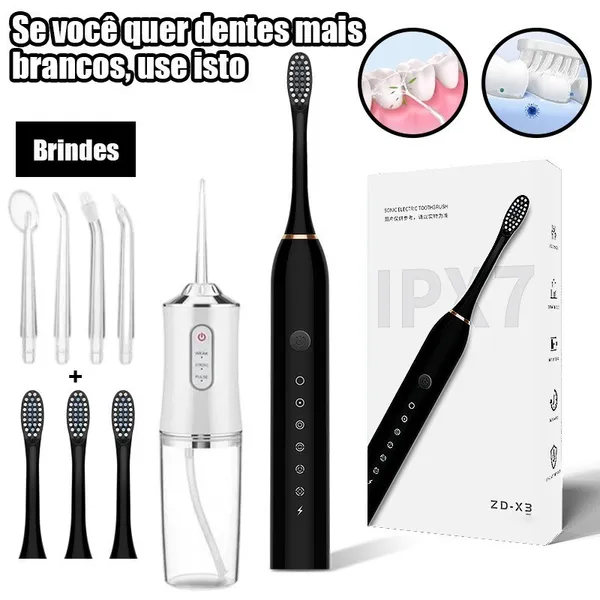 Kit Dental 2 em 1 Recarregável – Irrigador Bucal + Escova Elétrica Profissional Portátil