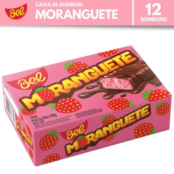 Caixa Bombom Moranguete com 12un de 9g Sabor Morango com Cobertura Sabor Chocolate Bel 108g