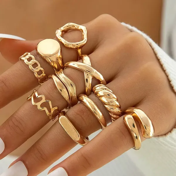 Conjunto 10 Peças Anéis Folheados a Ouro 18K Feminino - Ajustáveis, Estilo Empilhável Geométrico e Minimalista