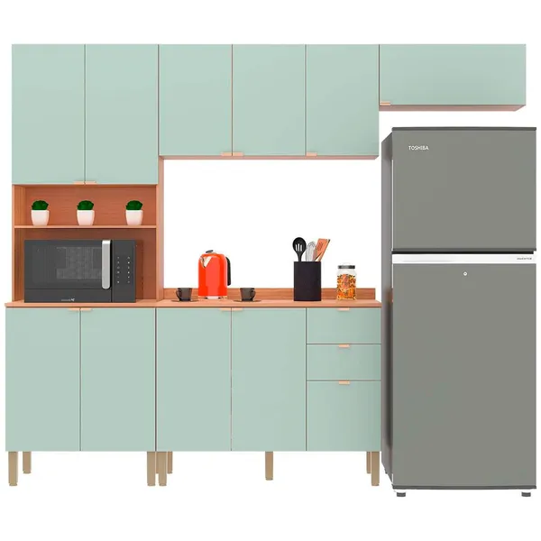 Cozinha Completa Bartira Joy com 11 Portas 2 Gavetas 5 Prateleiras e Nicho para Micro-ondas 244,5cm