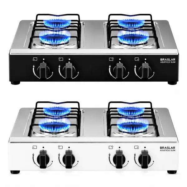 FOGÃO 4 BOCAS ASIÁTICO BRASLAR A GÁS COOKTOP DE MESA PORTÁTIL INOX PRETO E BRANCO