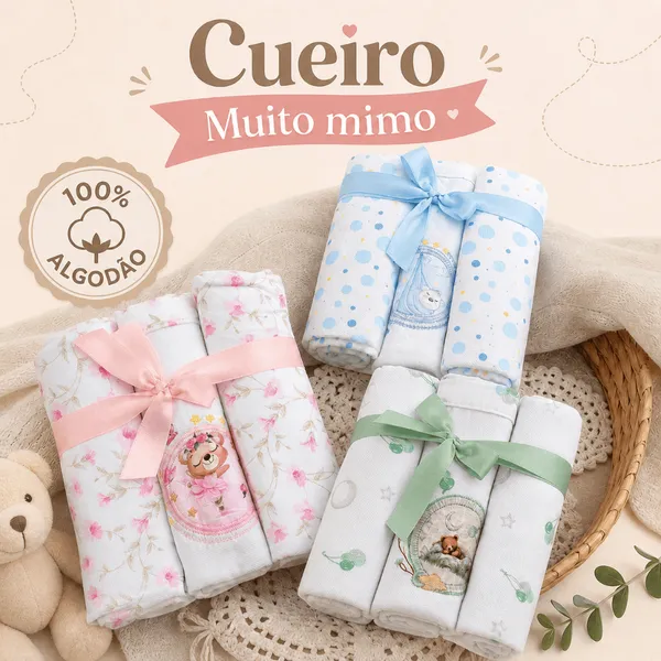 Kit 3 Mantas Cueiro Bebê Flanelado 100% Algodão 80x80 Enxoval Recém Nascido Swaddle Macio Respirável