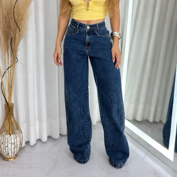Calça Wide Leg Jeans Feminina Marmorizada Cintura Alta Sem Lycra 100% Algodão Tendência