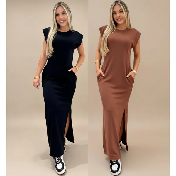 VESTIDO LONGO CASUAL BÁSICO FEMININO RIBANA MANGA CANELADA MUSCLE FASHION GRINGA PRETO MARROM