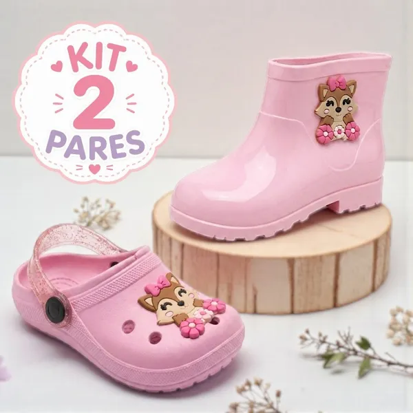 Kit 2 Pares Infantil Menina Galocha e Babuche Leve e Delicado