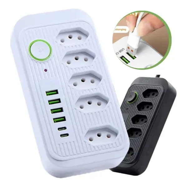 Extensão 5 Tomadas 4 USB 1 TypeC Universal Bivolt 2500W Power 2m Filtro De Linha Segurança