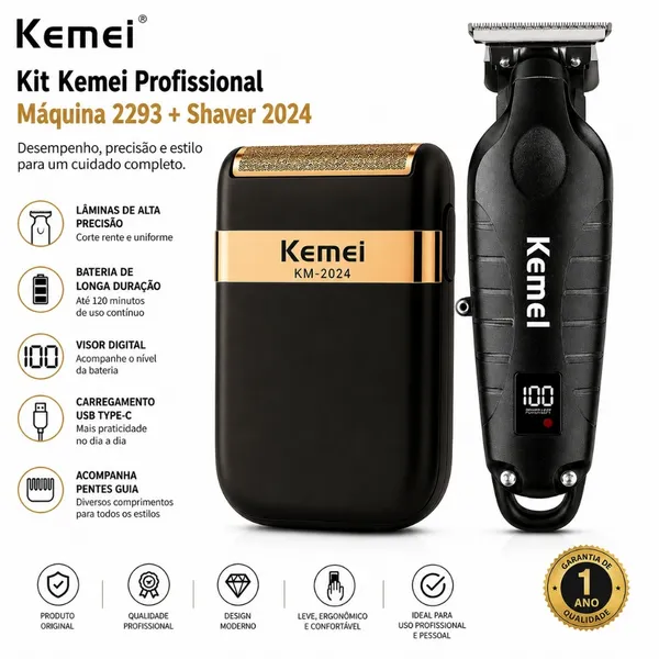 Kit Kemei Profissional Máquina 2293 + Shaver 2024 USB Recarregável Corte Cabelo Barba Barbeiro