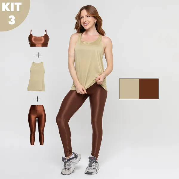Kit 3 peças Legging e Top Fitness Trilobal Canelado Brilhoso + Regata Dry Feminino