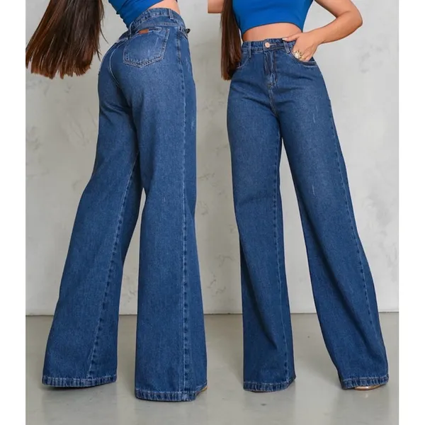 Calça Wide Leg Jeans Feminina Cintura Alta Pantalona 100% Algodão