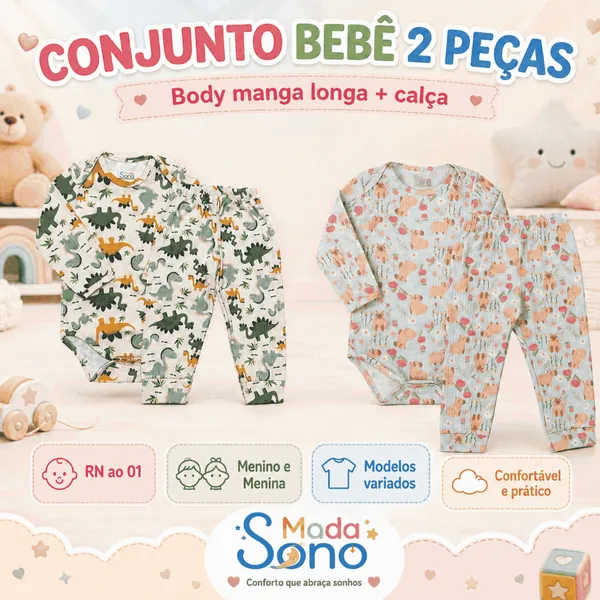 Conjunto Bebê Body Manga Longa + Calça 2 Peças RN ao 01 Menino e Menina