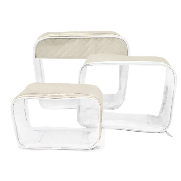 Kit 3 peças Organizador Necessaire Transparente Bebe Mala Bege Maternidade Porta Objetos Viagem