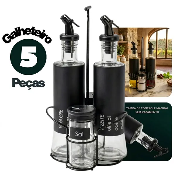 Kit 5 Peças Galheteiro Vidro GRANDE 300ml + Porta Condimentos 85ml c/ Suporte e Dosador