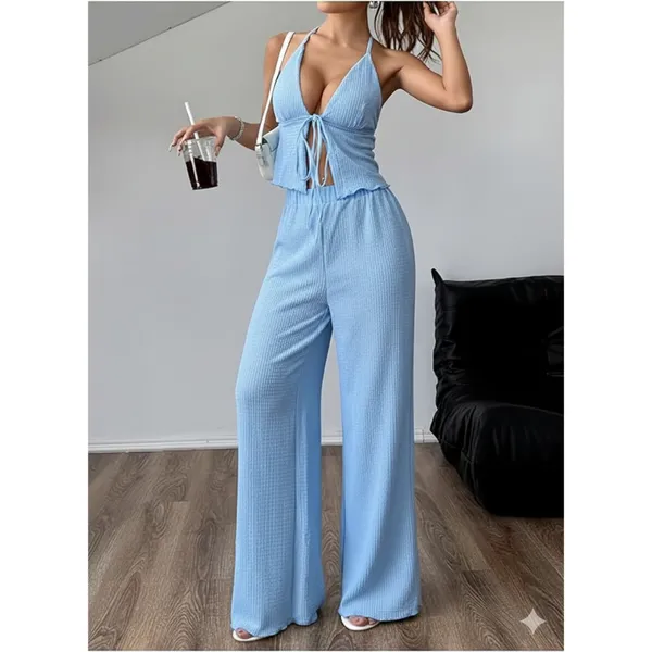 Conjunto Feminino Liz Calça Pantalona Inverno + Blusinha Top Amarração Look Versátil