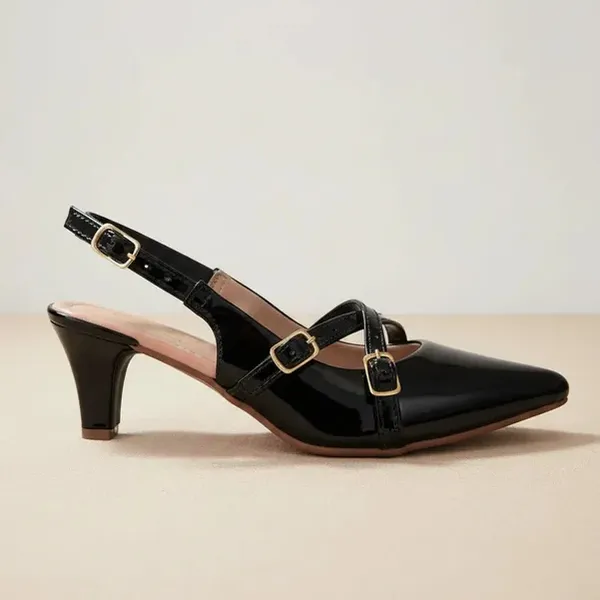 Sapato Feminino Scarpin Social Slingback Bico Fino Salto Fino Baixo Fivelas Leve Confortável