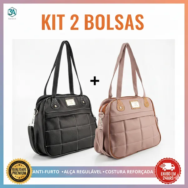 Kit 2 Bolsas Feminina Média de Ombro 2 Divisorias e 2 Alças Bolsa Tiracolo Lateral Não Descasca