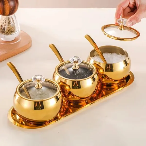 KIT3 POTES AçúCAR CONDIMENTOS COM BANDEIJA AçO INOX 304 ESFéRICO COZINHA LUXUOSO MODERNO ORGANIZADOR