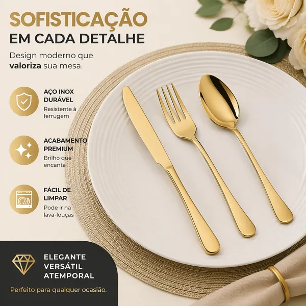 18 Peças Talheres Ouro De Aço Inox Garfo Colher Faca Colher De Mesa