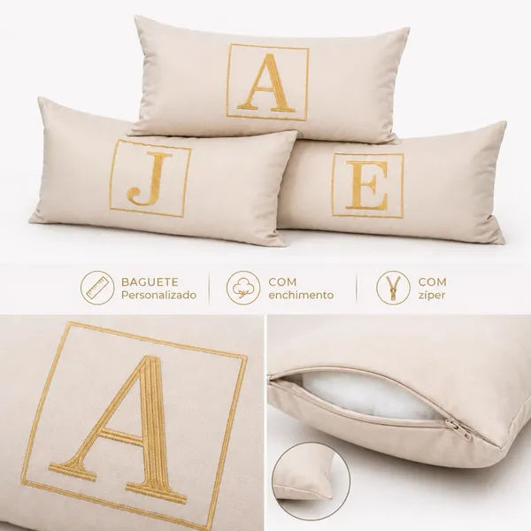 Almofada Baguete BORDADO Com Inicial Personalizada Com Enchimento em Sued