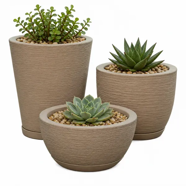 Kit Com 3 Vasos Decorativo de Planta Escovado Polietileno Com Prato Cone + Bojo + Bacia