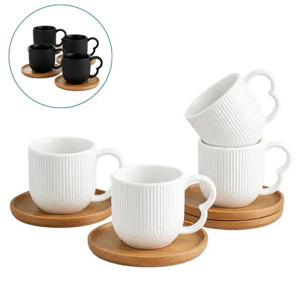 Jogo  4 Xicaras De Café Porcelana com Pires Bambu 90ml Oásis