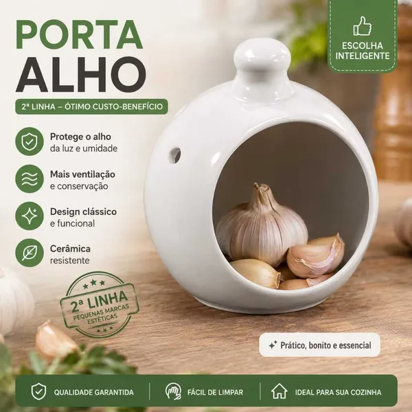 PORTA ALHO CERÂMICA BRANCA DECORATIVO 2ª LINHA VENTILADO COZINHA RESISTENTE E MODERNO