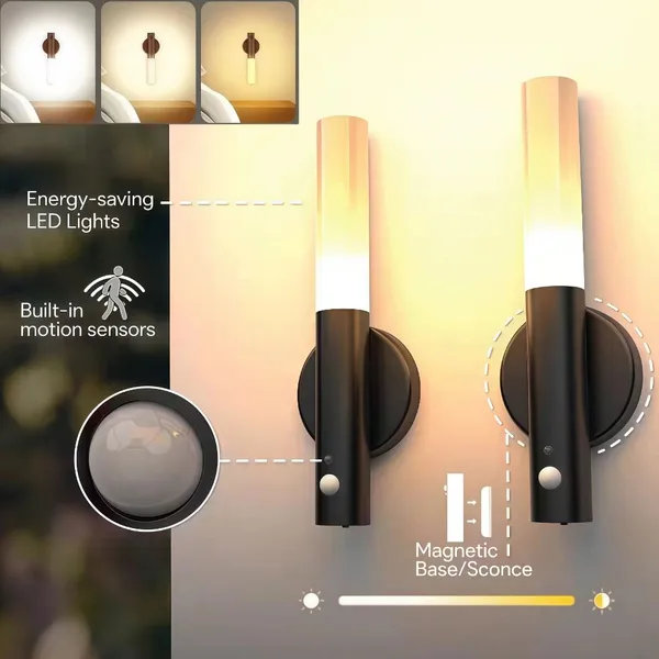 LUMINARIA LED RECARREGÁVEL SENSOR DE MOVIMENTO ARANDELA DE MADEIRA MINIMALIST MESA PAREDE MAGNÉTICA 3 CORES AJUSTÁVEIS