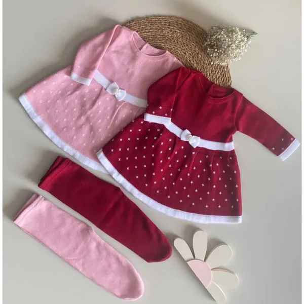 Vestido Poá mais Calça em Tricot Recém Nascido Vestido Saída Maternidade Tricô