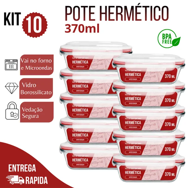 Kit 10 Potes Herméticos de Vidro 370ml Marmita com Tampa Forno e Micro-ondas