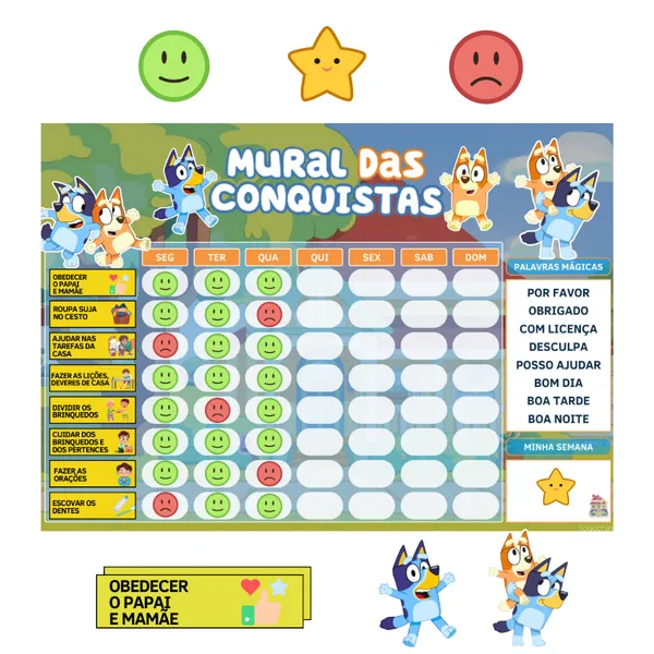 Mural das Conquistas Tema Bluey e Bingo Para Motivação Diária e Estímulo ao Desenvolvimento Infantil