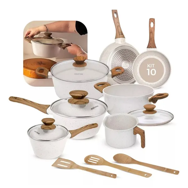 JOGO DE PANELAS INDUÇÃO KIT 10 PEÇAS REVESTIMENTO CERÂMICO STYLE COOK MARMOL - MIMO STYLE PREMIUM