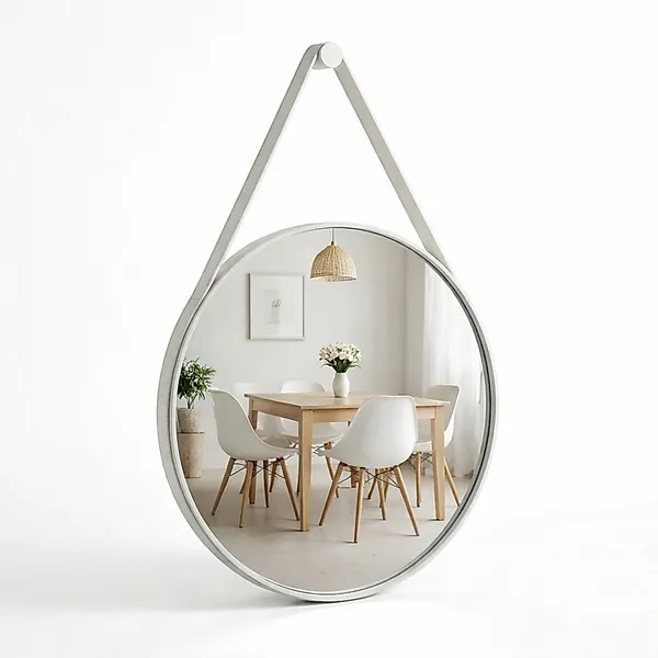 Espelho Redondo Decorativo Adnet Alça Couro Suporte 60cm Sala Quarto Banheiro
